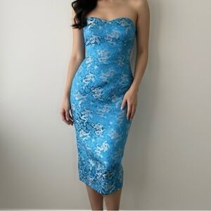 Vintage Dragon Strapless Dress Oriental Cocktail Satin Blue 90s Y2K Size Small